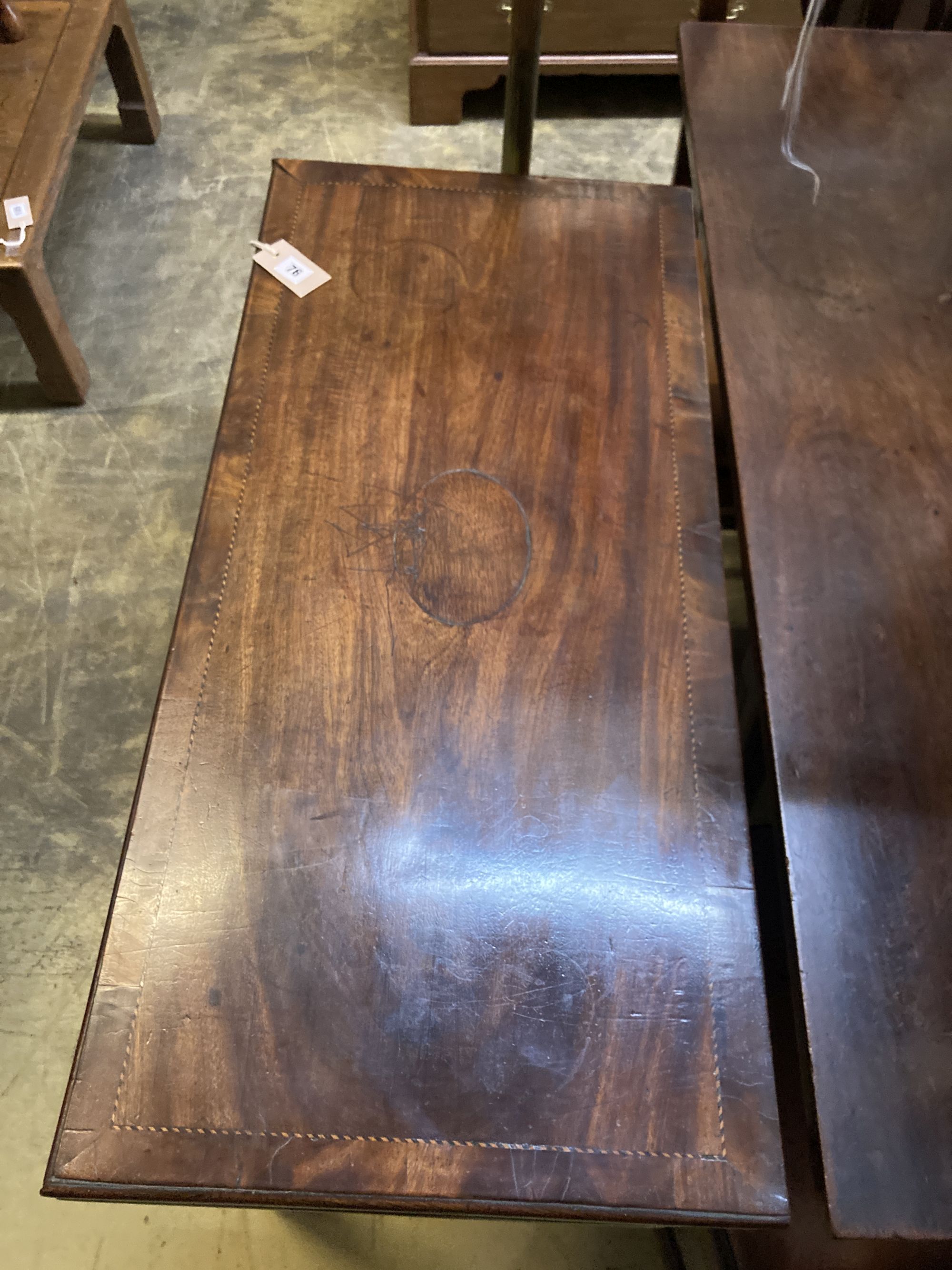 A George III rectangular inlaid mahogany folding card table, width 88cm, depth 41cm, height 73cm